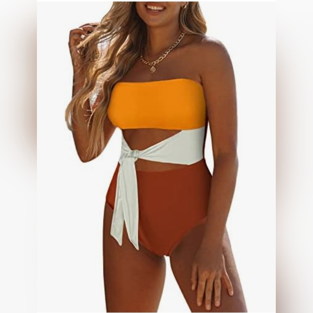 Viottiset Women's Bandeau One Piece Swimsuit Strapless Tie High Cut Out Bathing